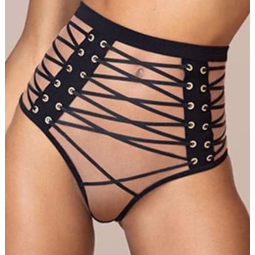 NWT Agent Provocateur High Waist Cage Thong Panties Black Nude Very Rare Small